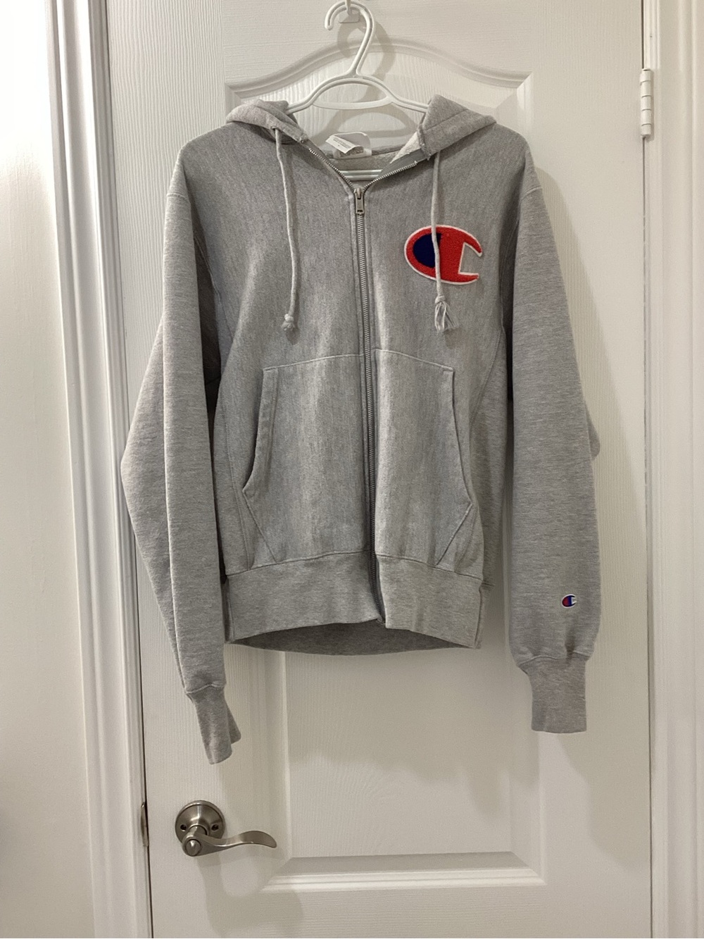 Champion Grey Zip-Up Hoodie with Red & Blue Logo